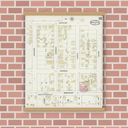 Old map wall art mockup — magnetic wood frame on brick wall — Sanborn Fire Insurance Map from Manistee, Manistee County, Michigan (1890), Sheet #0012