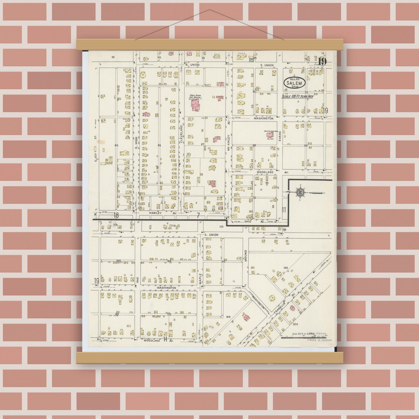 Old map wall art mockup — magnetic wood frame on brick wall — Sanborn Fire Insurance Map from Salem, Columbiana County, Ohio (1915), Sheet #0019