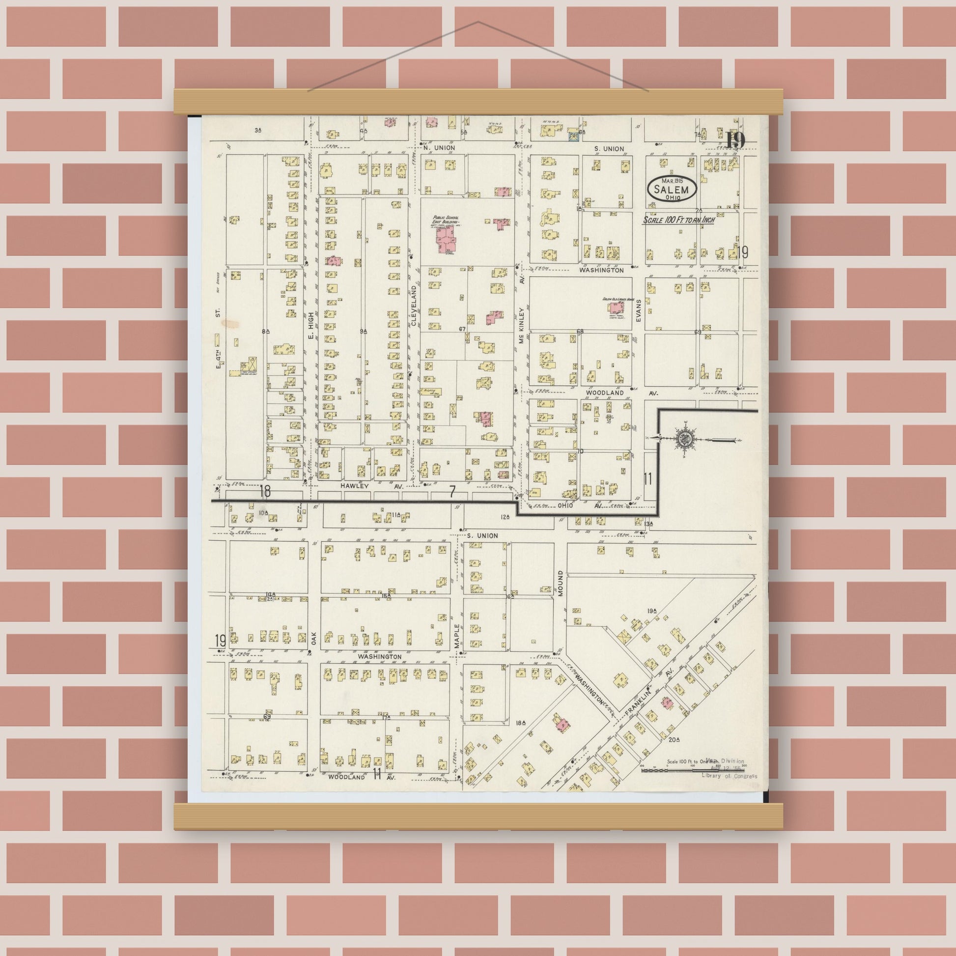 Old map wall art mockup — magnetic wood frame on brick wall — Sanborn Fire Insurance Map from Salem, Columbiana County, Ohio (1915), Sheet #0019
