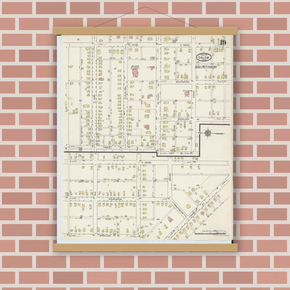 Old map wall art mockup — magnetic wood frame on brick wall — Sanborn Fire Insurance Map from Salem, Columbiana County, Ohio (1915), Sheet #0019