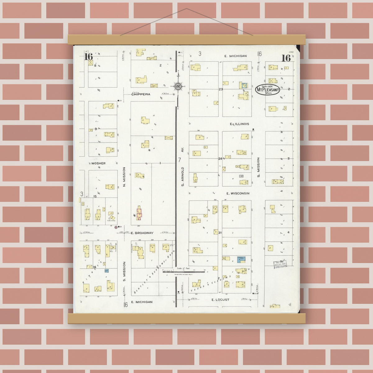 Old map wall art mockup — magnetic wood frame on brick wall — Sanborn Fire Insurance Map from Mount Pleasant, Isabella County, Michigan (1924), Sheet #0016
