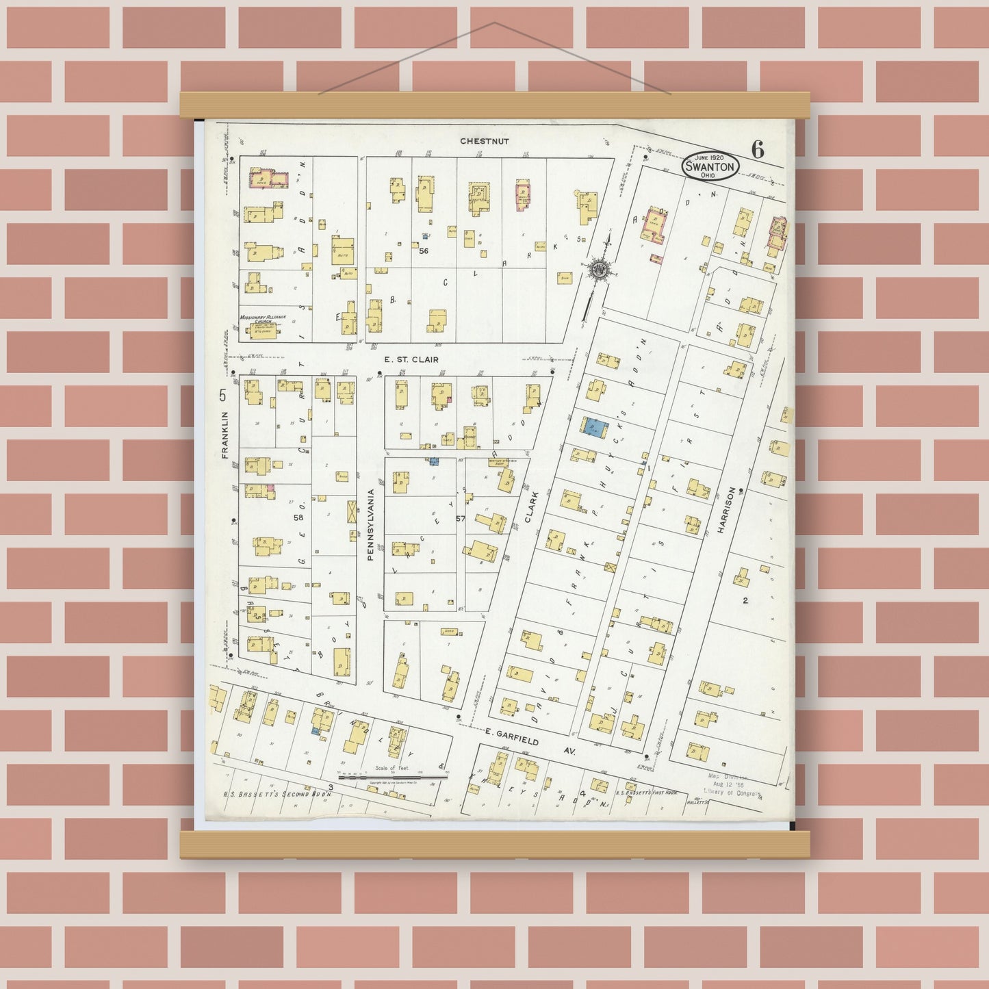 Old map wall art mockup — magnetic wood frame on brick wall — Sanborn Fire Insurance Map from Swanton, Fulton County, Ohio (1920), Sheet #0006