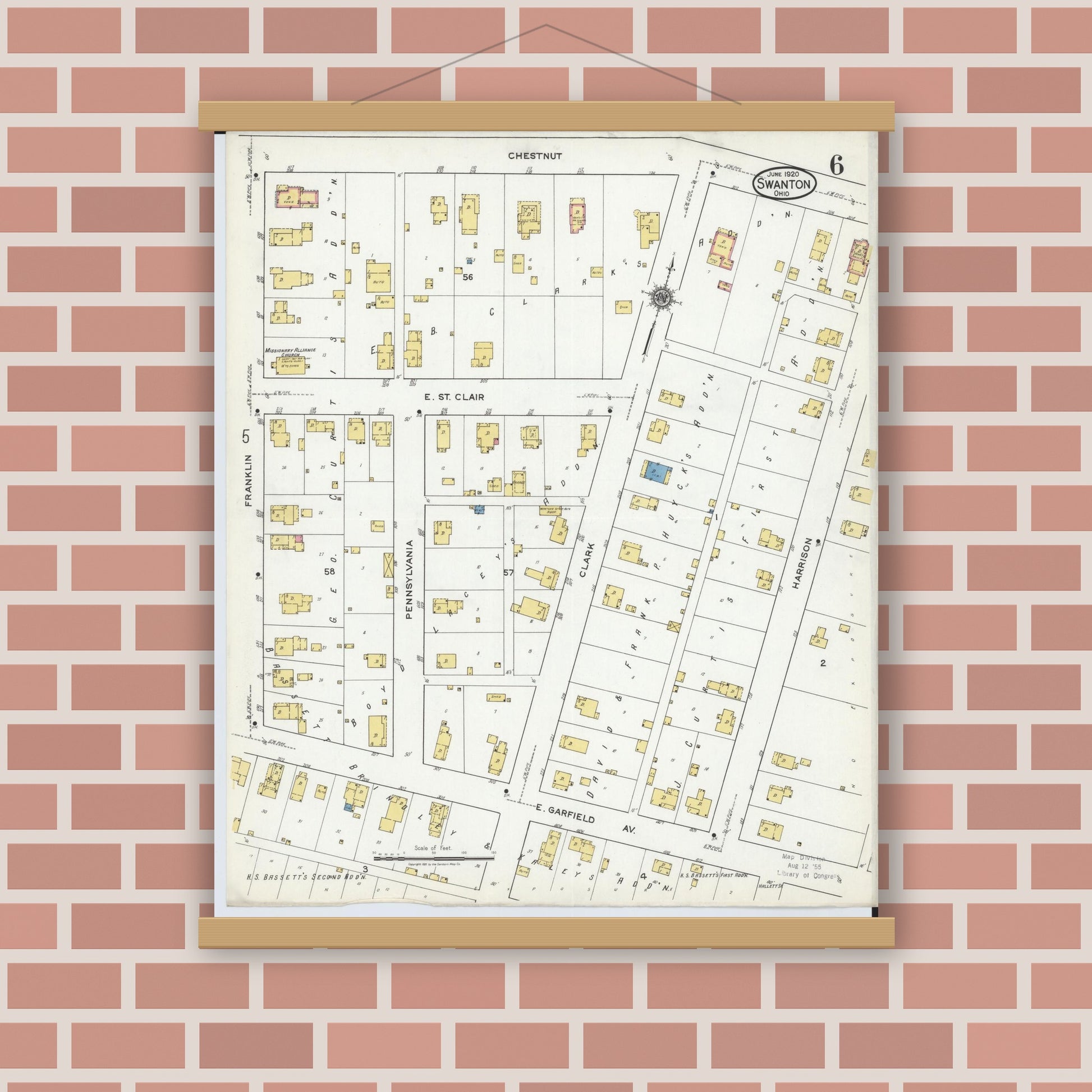 Old map wall art mockup — magnetic wood frame on brick wall — Sanborn Fire Insurance Map from Swanton, Fulton County, Ohio (1920), Sheet #0006
