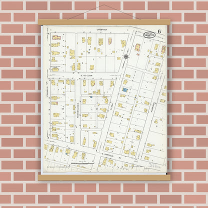 Old map wall art mockup — magnetic wood frame on brick wall — Sanborn Fire Insurance Map from Swanton, Fulton County, Ohio (1920), Sheet #0006