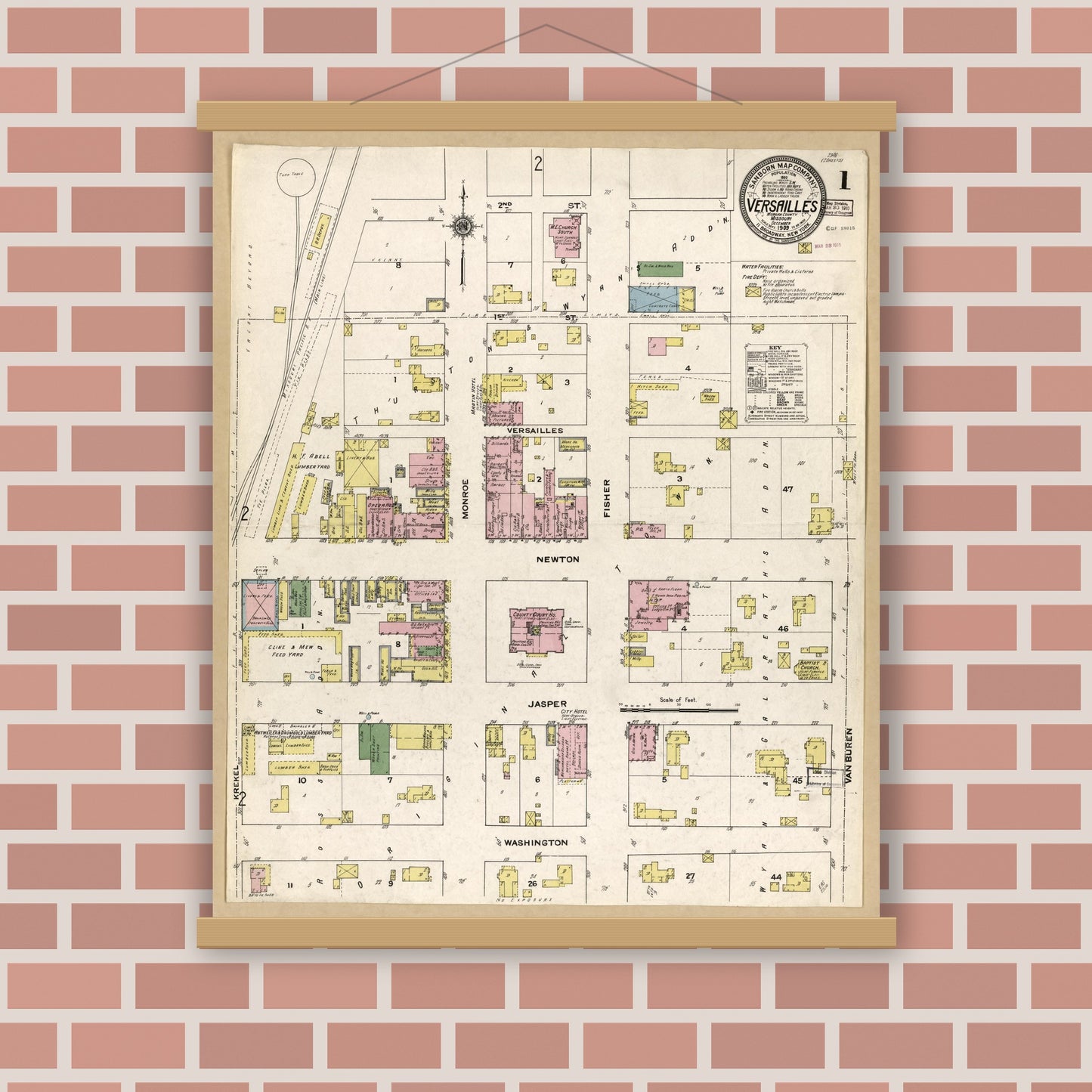 Old map wall art mockup — magnetic wood frame on brick wall — Sanborn Fire Insurance Map from Versailles, Morgan County, Missouri (1909), Sheet #0001
