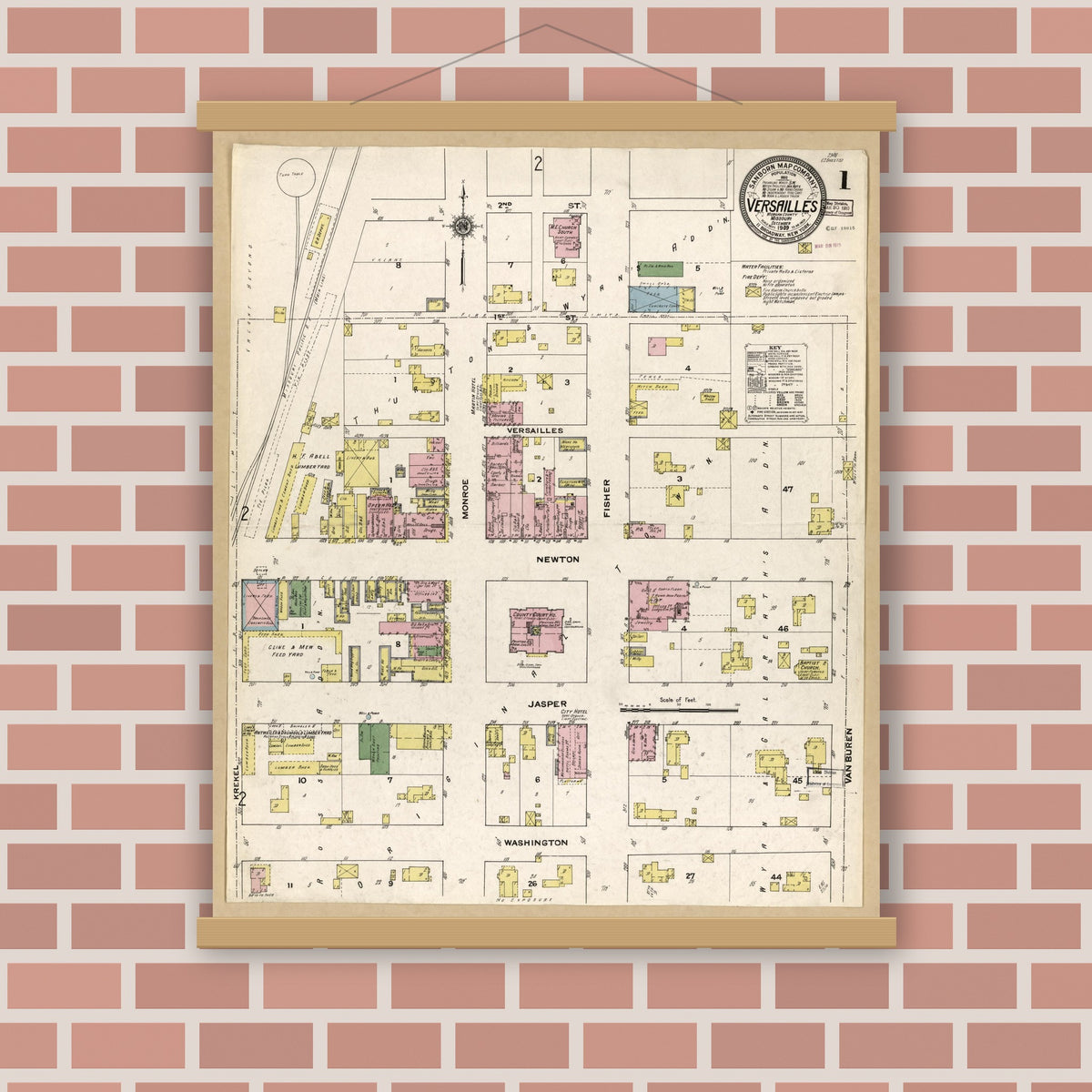 Old map wall art mockup — magnetic wood frame on brick wall — Sanborn Fire Insurance Map from Versailles, Morgan County, Missouri (1909), Sheet #0001
