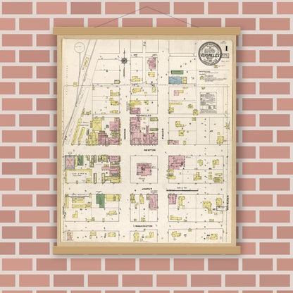 Old map wall art mockup — magnetic wood frame on brick wall — Sanborn Fire Insurance Map from Versailles, Morgan County, Missouri (1909), Sheet #0001