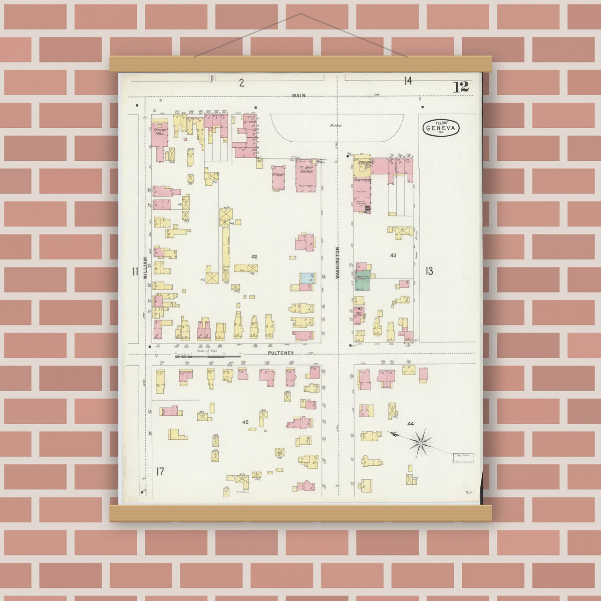 Old map wall art mockup — magnetic wood frame on brick wall — Sanborn Fire Insurance Map from Geneva, Ontario County, New York (1897), Sheet #0012