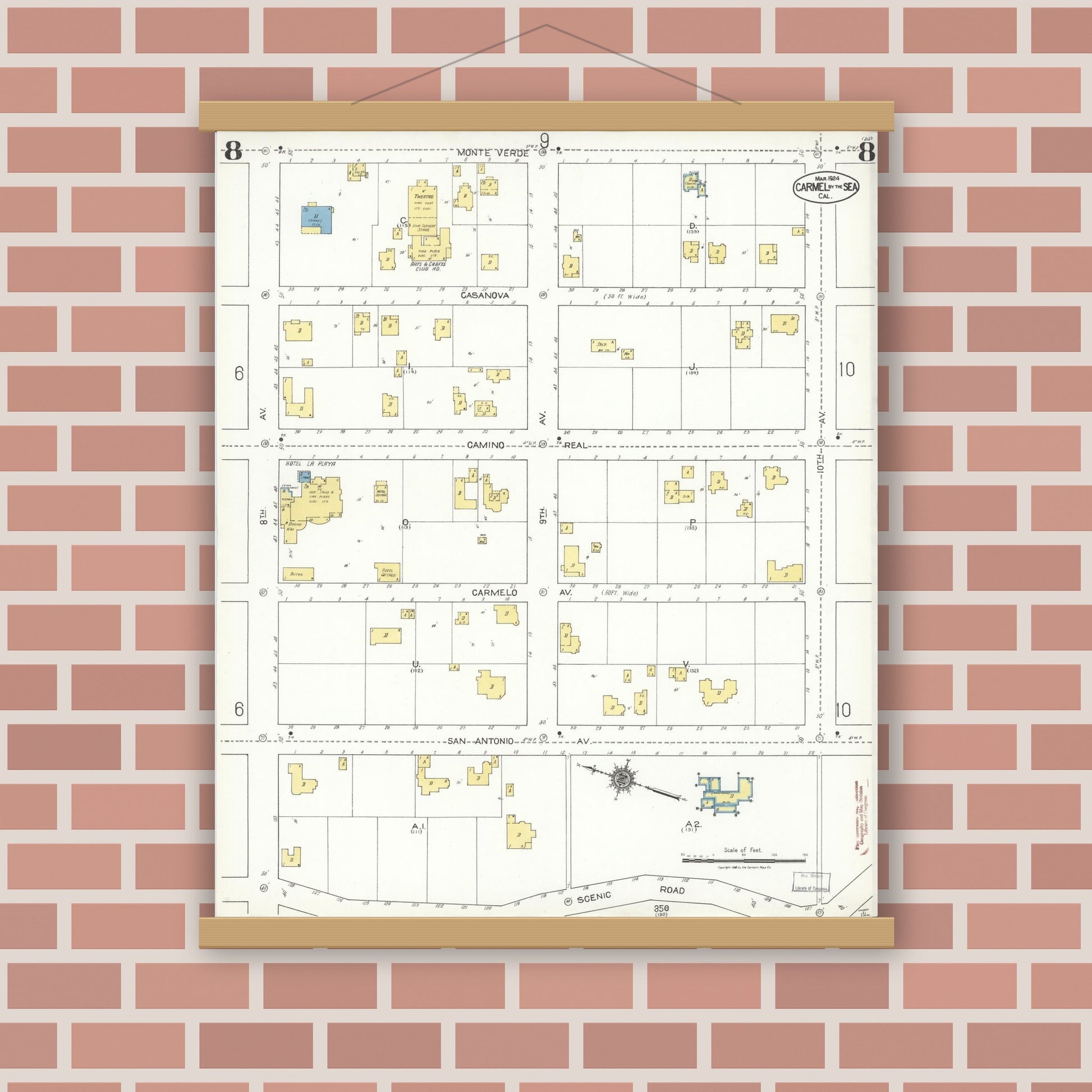 Old map wall art mockup — magnetic wood frame on brick wall — Sanborn Fire Insurance Map from Carmel By The Sea, Monterey County, California (1924), Sheet #0008