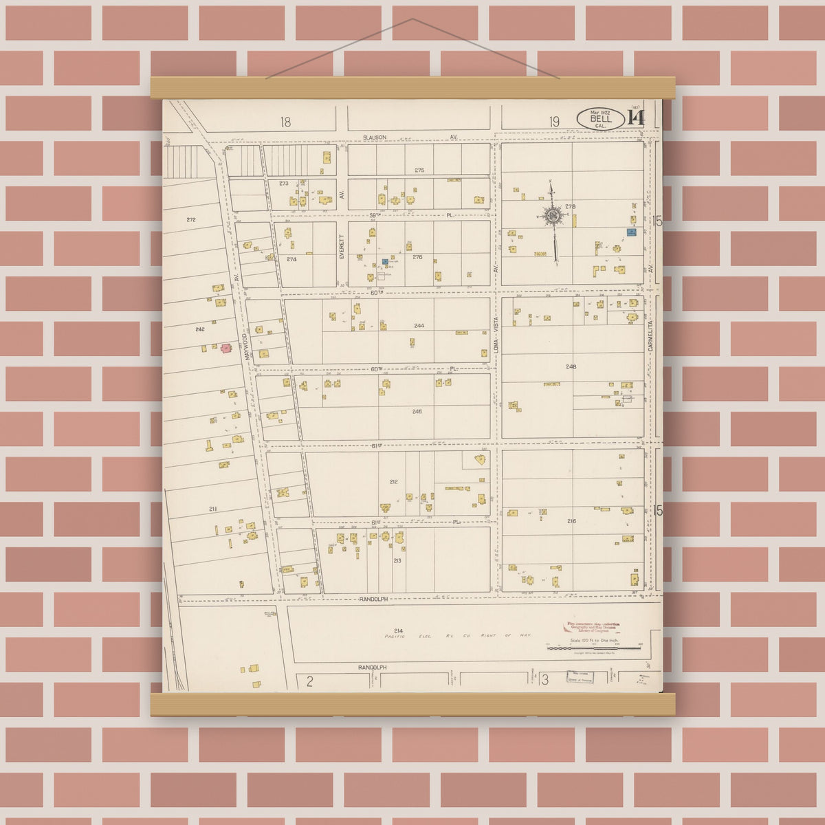 Old map wall art mockup — magnetic wood frame on brick wall — Sanborn Fire Insurance Map from Bell, Los Angeles County, California (1922), Sheet #0014