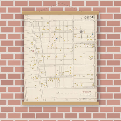 Old map wall art mockup — magnetic wood frame on brick wall — Sanborn Fire Insurance Map from Bell, Los Angeles County, California (1922), Sheet #0014