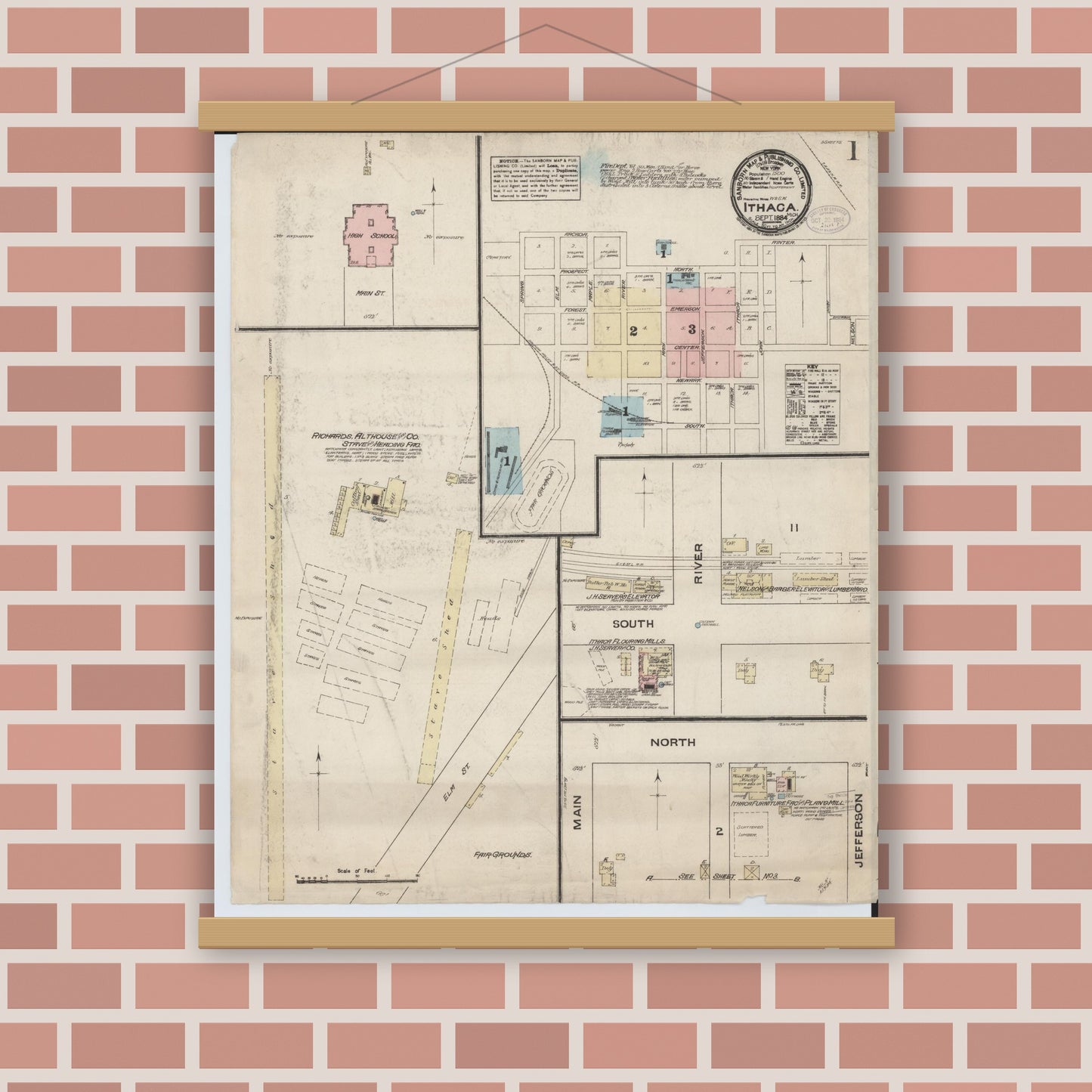 Old map wall art mockup — magnetic wood frame on brick wall — Sanborn Fire Insurance Map from Ithaca, Gratiot County, Michigan (1884) - Complete Map Set