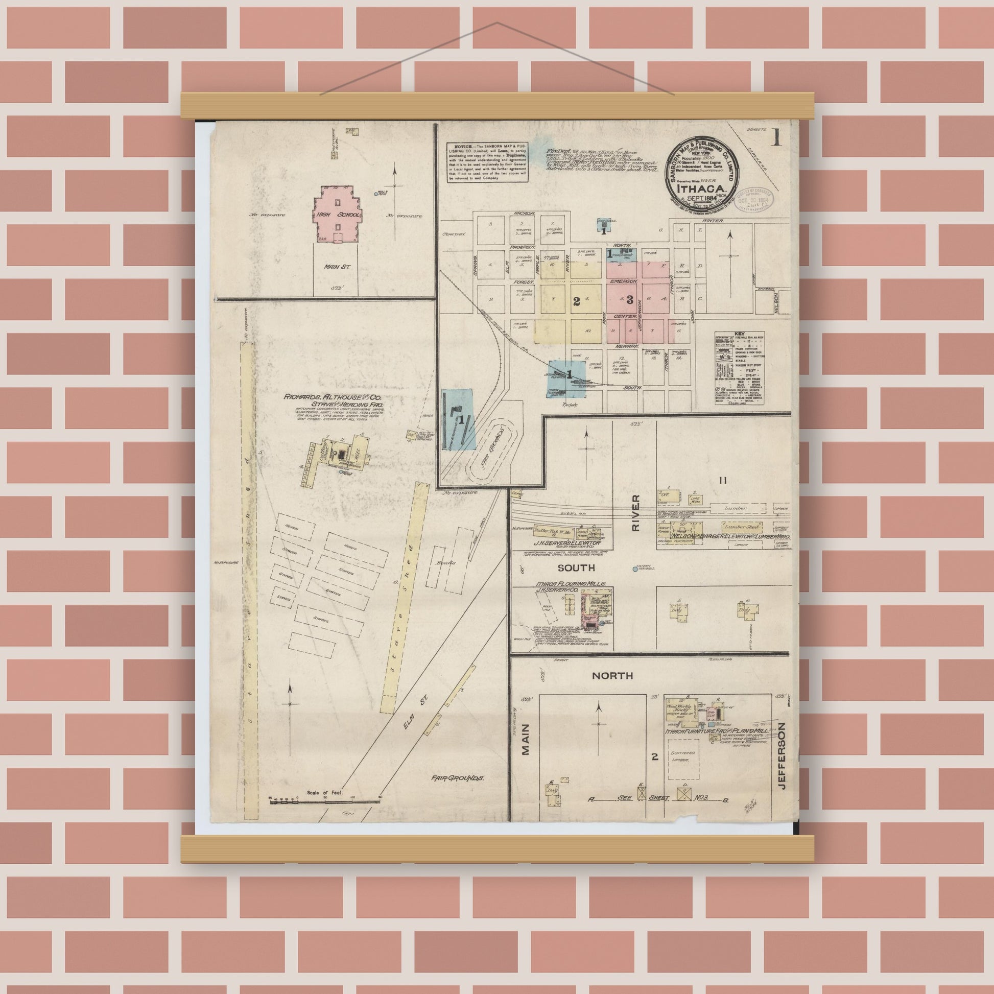 Old map wall art mockup — magnetic wood frame on brick wall — Sanborn Fire Insurance Map from Ithaca, Gratiot County, Michigan (1884) - Complete Map Set