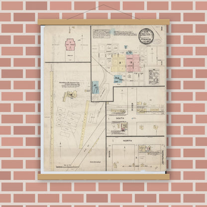 Old map wall art mockup — magnetic wood frame on brick wall — Sanborn Fire Insurance Map from Ithaca, Gratiot County, Michigan (1884) - Complete Map Set