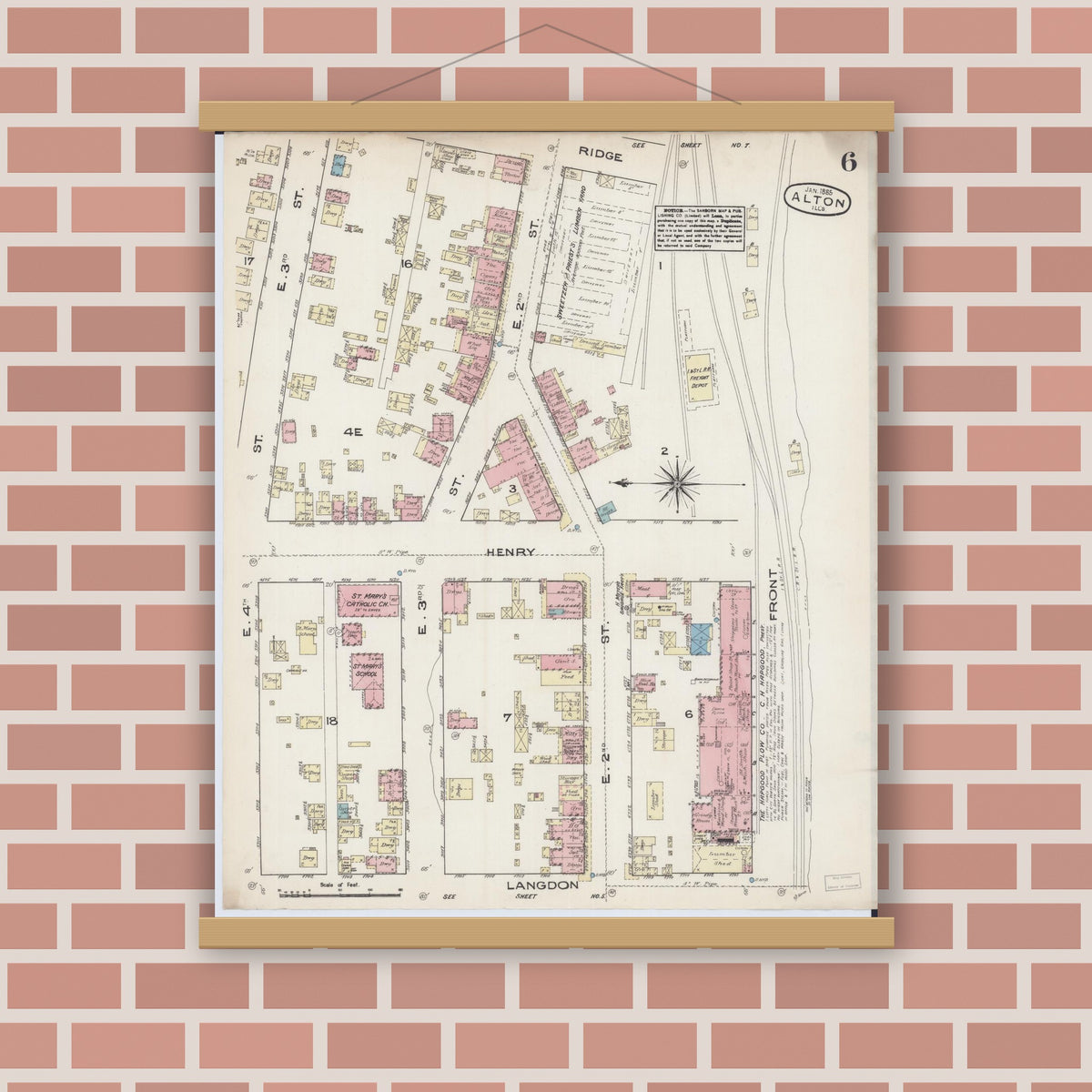 Old map wall art mockup — magnetic wood frame on brick wall — Sanborn Fire Insurance Map from Alton, Madison County, Illinois (1885), Sheet #0006