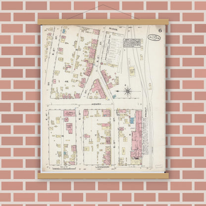Old map wall art mockup — magnetic wood frame on brick wall — Sanborn Fire Insurance Map from Alton, Madison County, Illinois (1885), Sheet #0006