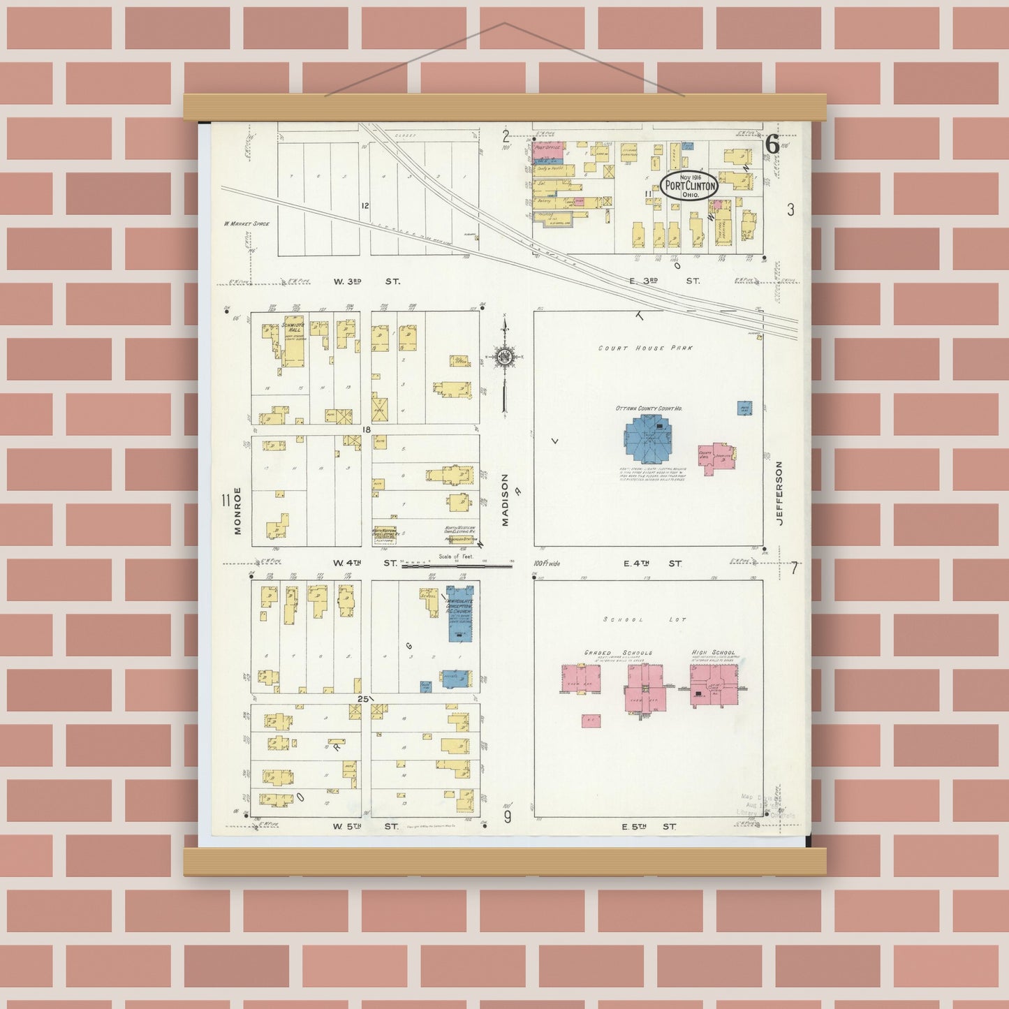 Old map wall art mockup — magnetic wood frame on brick wall — Sanborn Fire Insurance Map from Port Clinton, Ottawa County, Ohio (1916), Sheet #0006
