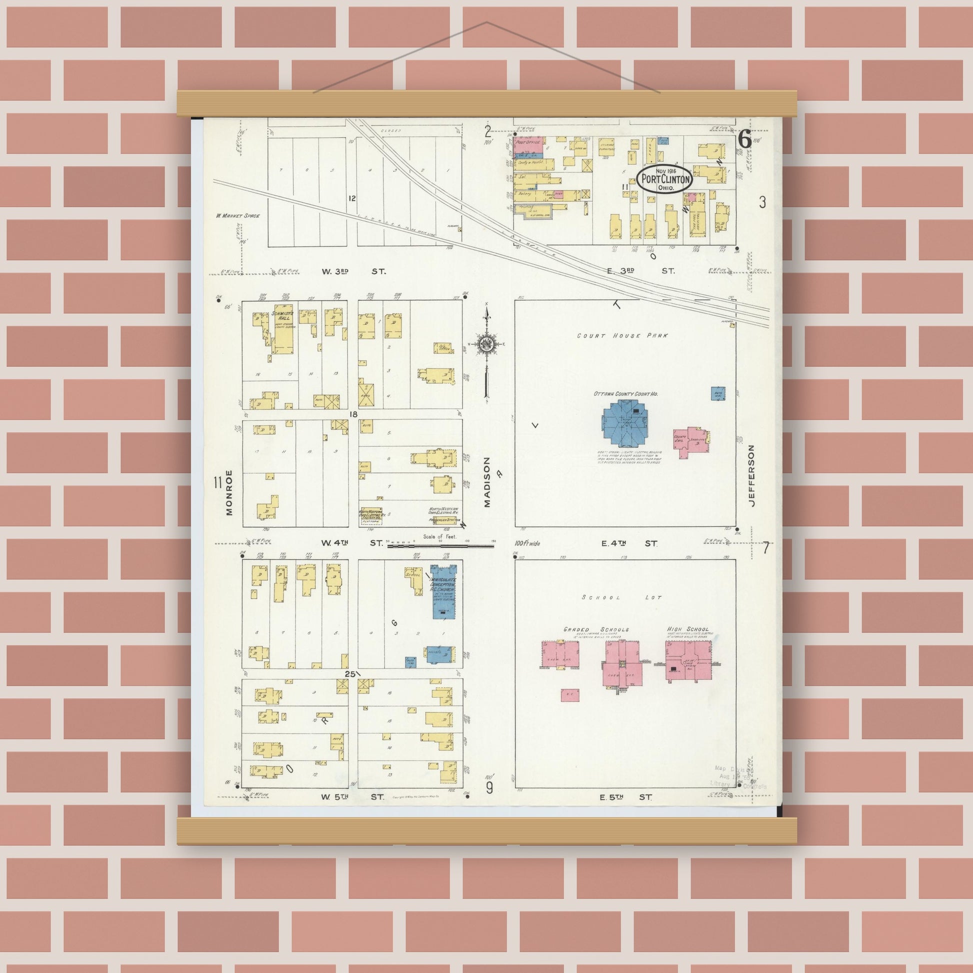 Old map wall art mockup — magnetic wood frame on brick wall — Sanborn Fire Insurance Map from Port Clinton, Ottawa County, Ohio (1916), Sheet #0006