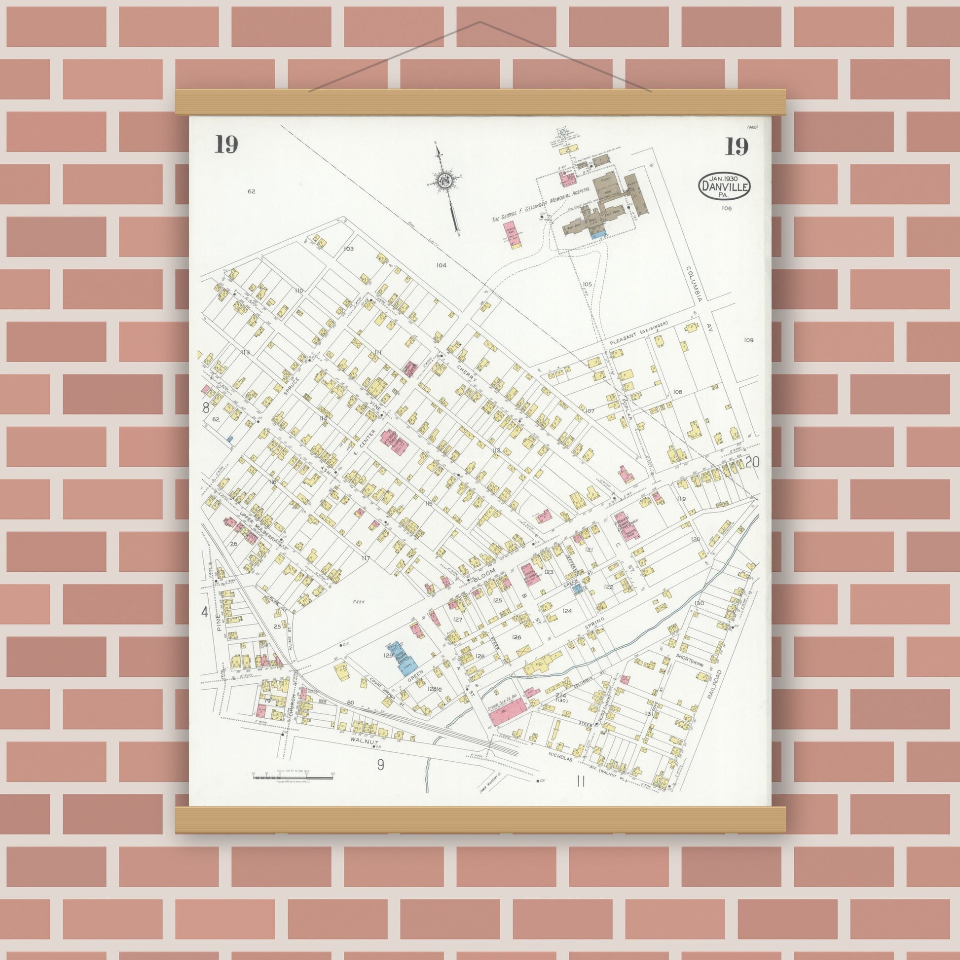 Old map wall art mockup — magnetic wood frame on brick wall — Sanborn Fire Insurance Map from Danville, Montour County, Pennsylvania (1930), Sheet #0019