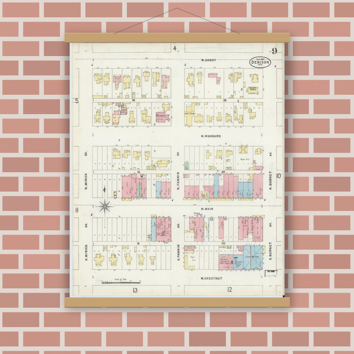 Old map wall art mockup — magnetic wood frame on brick wall — Sanborn Fire Insurance Map from Denison, Grayson County, Texas (1897), Sheet #0009
