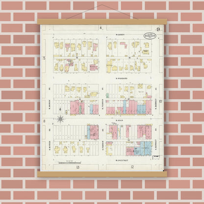 Old map wall art mockup — magnetic wood frame on brick wall — Sanborn Fire Insurance Map from Denison, Grayson County, Texas (1897), Sheet #0009