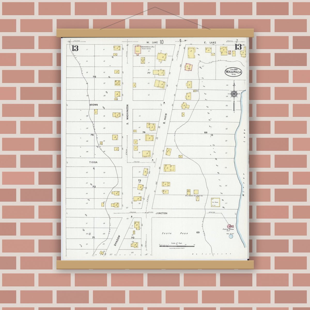 Old map wall art mockup — magnetic wood frame on brick wall — Sanborn Fire Insurance Map from Waupaca, Waupaca County, Wisconsin (1924), Sheet #0013