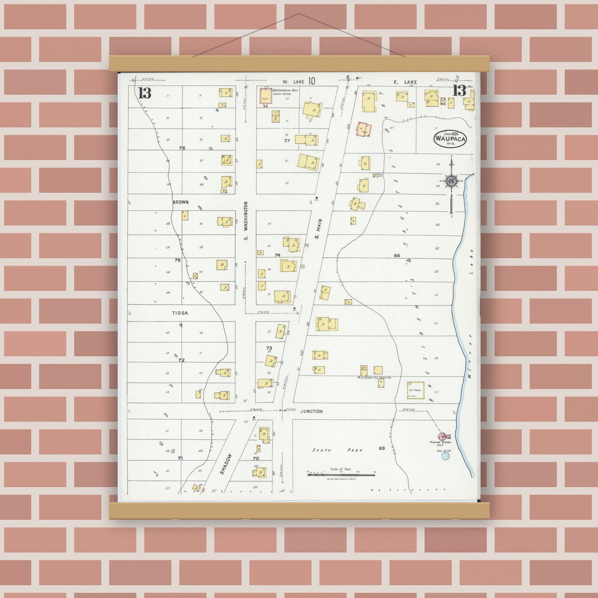 Old map wall art mockup — magnetic wood frame on brick wall — Sanborn Fire Insurance Map from Waupaca, Waupaca County, Wisconsin (1924), Sheet #0013