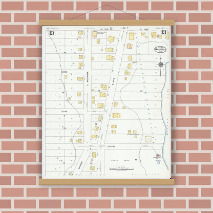 Old map wall art mockup — magnetic wood frame on brick wall — Sanborn Fire Insurance Map from Waupaca, Waupaca County, Wisconsin (1924), Sheet #0013
