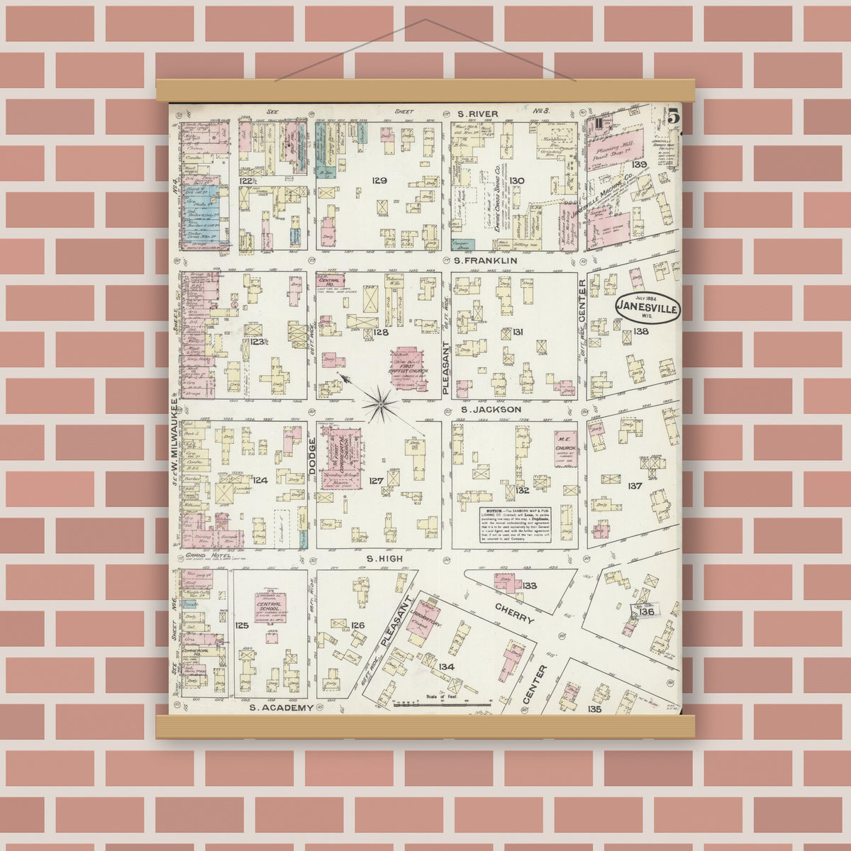 Old map wall art mockup — magnetic wood frame on brick wall — Sanborn Fire Insurance Map from Janesville, Rock County, Wisconsin (1884), Sheet #0005