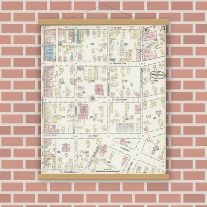 Old map wall art mockup — magnetic wood frame on brick wall — Sanborn Fire Insurance Map from Janesville, Rock County, Wisconsin (1884), Sheet #0005