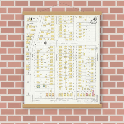 Old map wall art mockup — magnetic wood frame on brick wall — Sanborn Fire Insurance Map from Elyria, Lorain County, Ohio (1925), Sheet #0034