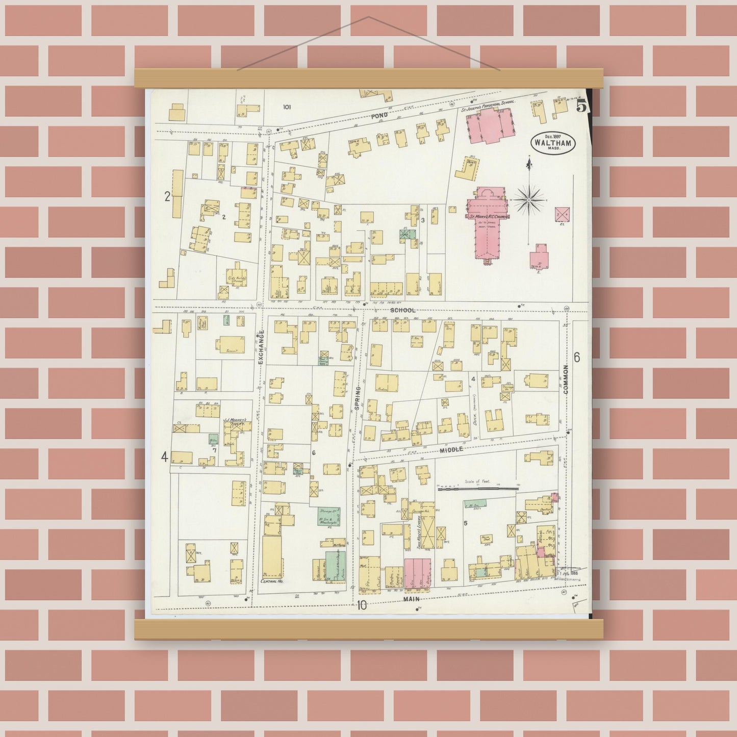 Old map wall art mockup — magnetic wood frame on brick wall — Sanborn Fire Insurance Map from Waltham, Middlesex County, Massachusetts (1897), Sheet #0005