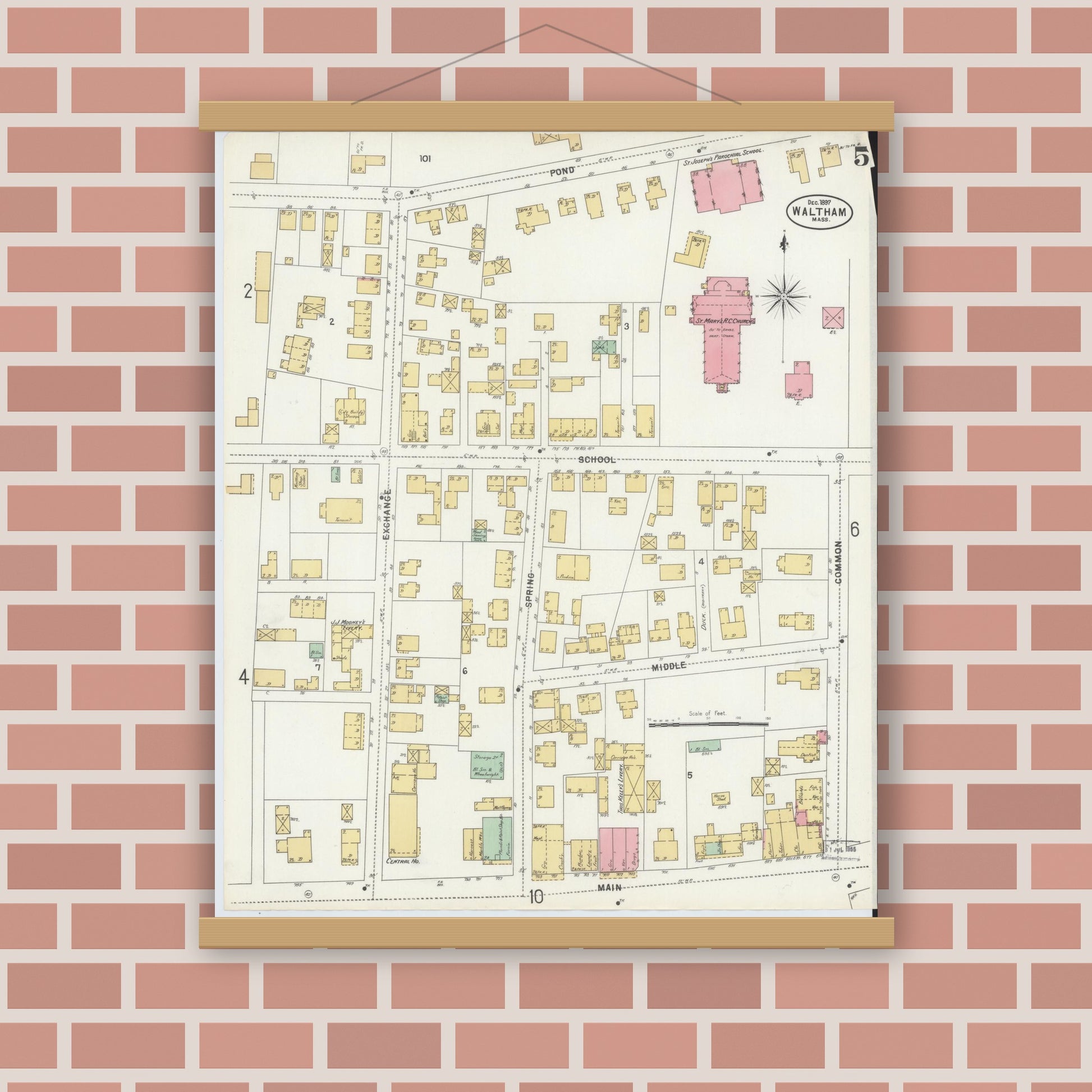 Old map wall art mockup — magnetic wood frame on brick wall — Sanborn Fire Insurance Map from Waltham, Middlesex County, Massachusetts (1897), Sheet #0005