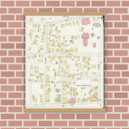 Old map wall art mockup — magnetic wood frame on brick wall — Sanborn Fire Insurance Map from Waltham, Middlesex County, Massachusetts (1897), Sheet #0005