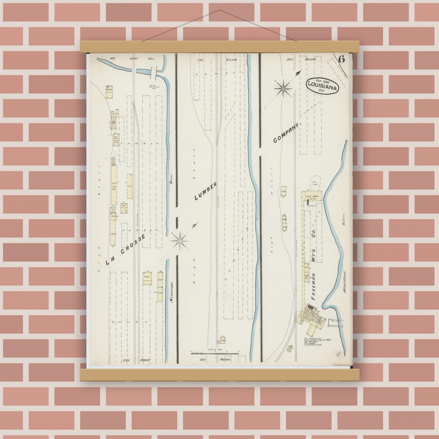 Old map wall art mockup — magnetic wood frame on brick wall — Sanborn Fire Insurance Map from Louisiana, Pike County, Missouri (1885), Sheet #0006