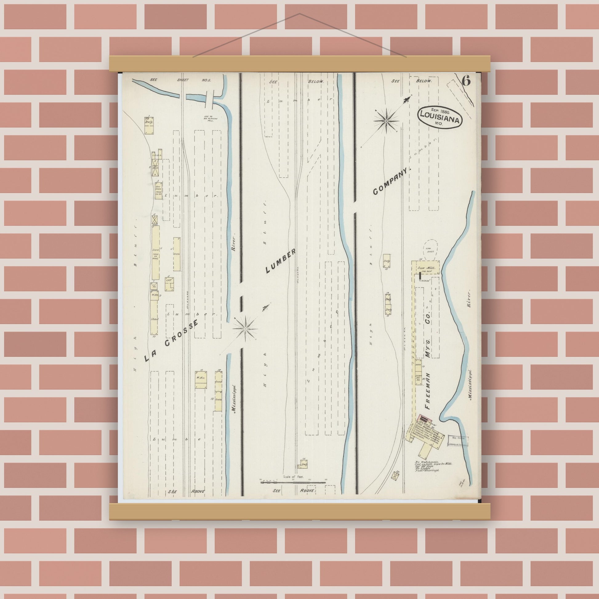 Old map wall art mockup — magnetic wood frame on brick wall — Sanborn Fire Insurance Map from Louisiana, Pike County, Missouri (1885), Sheet #0006