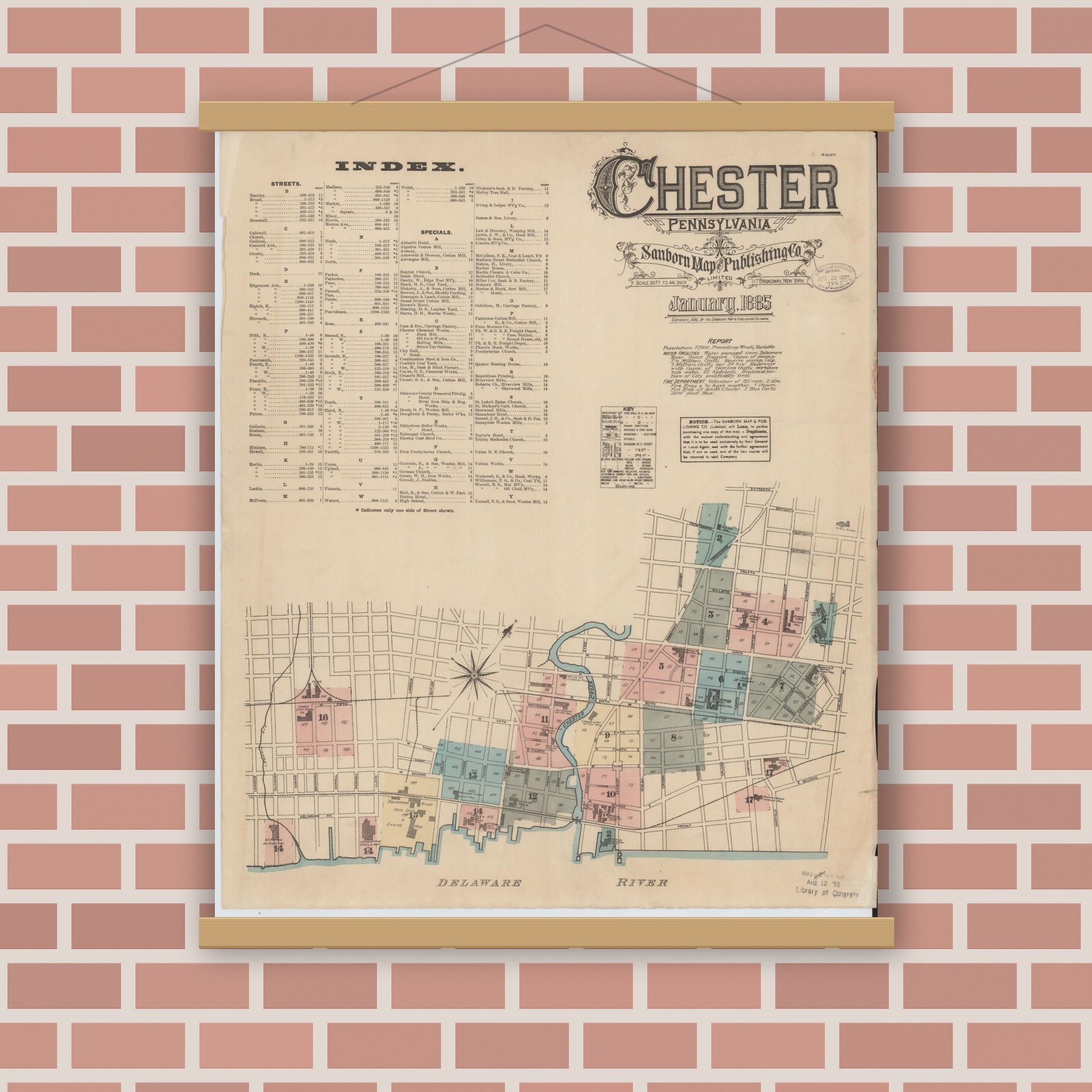 Old map wall art mockup — magnetic wood frame on brick wall — Sanborn Fire Insurance Map from Chester, Delaware County, Pennsylvania (1885), Sheet #0001