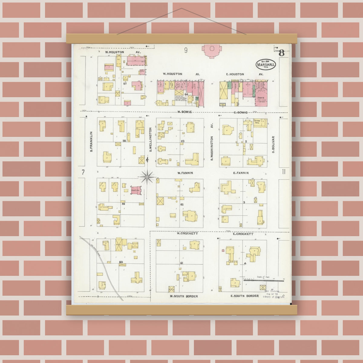 Old map wall art mockup — magnetic wood frame on brick wall — Sanborn Fire Insurance Map from Marshall, Harrison County, Texas (1904), Sheet #0008