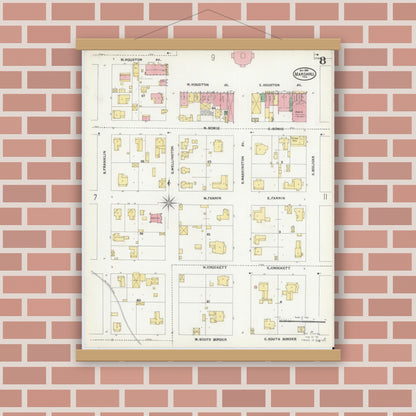 Old map wall art mockup — magnetic wood frame on brick wall — Sanborn Fire Insurance Map from Marshall, Harrison County, Texas (1904), Sheet #0008