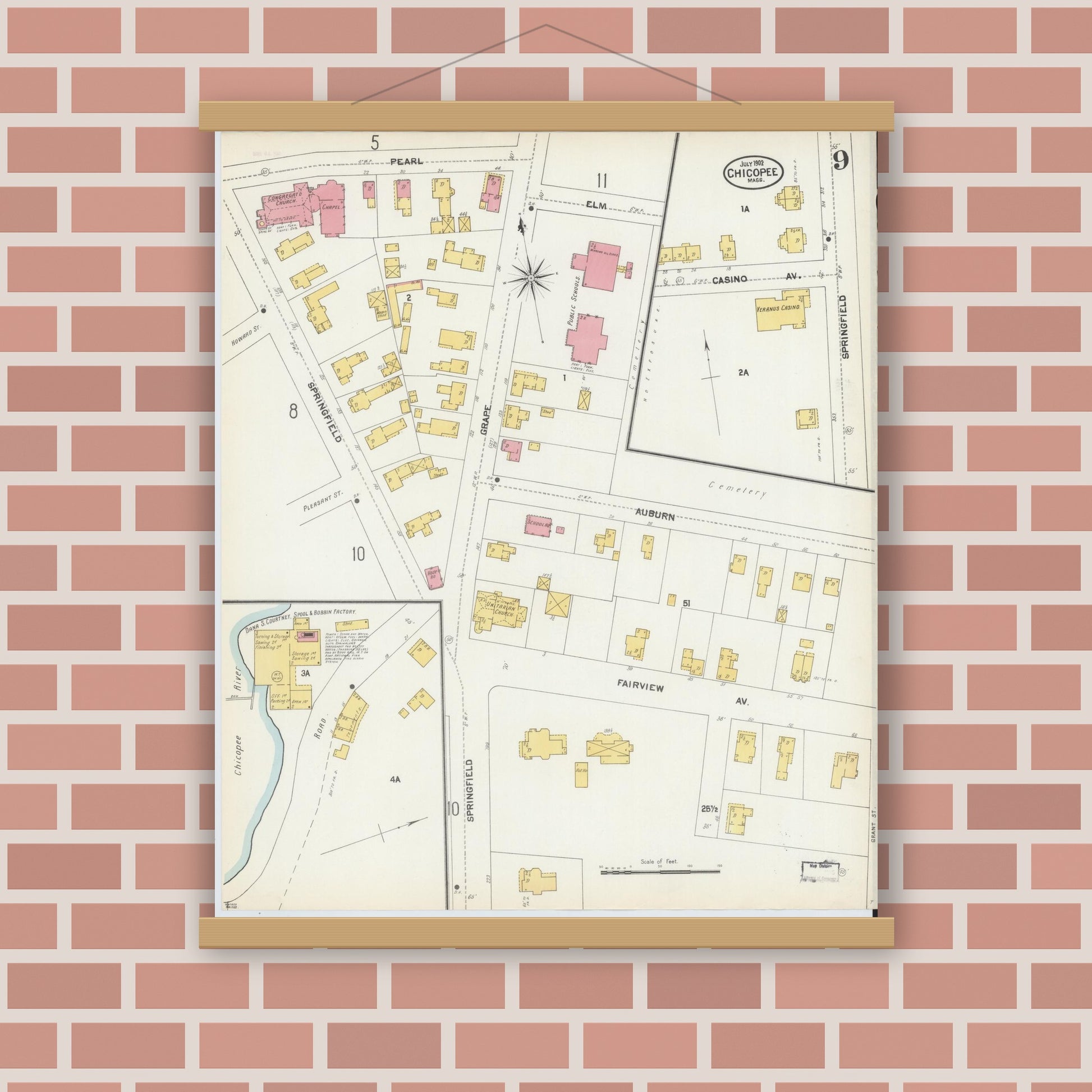 Old map wall art mockup — magnetic wood frame on brick wall — Sanborn Fire Insurance Map from Chicopee, Hampden County, Massachusetts (1902), Sheet #0009