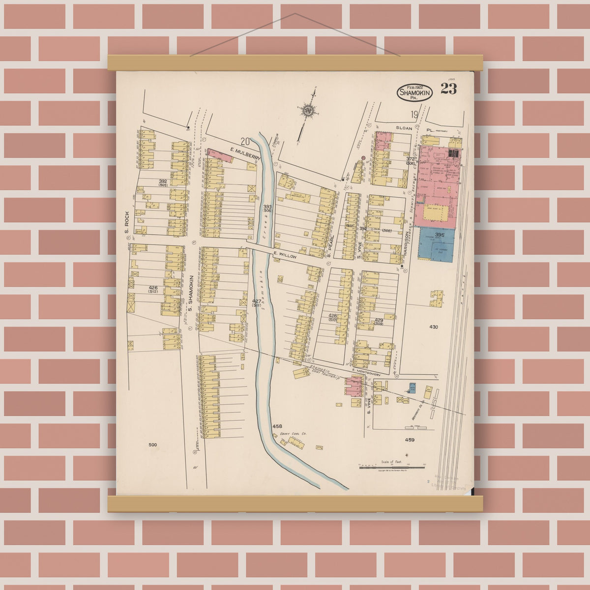 Old map wall art mockup — magnetic wood frame on brick wall — Sanborn Fire Insurance Map from Shamokin, Northumberland County, Pennsylvania (1922), Sheet #0023