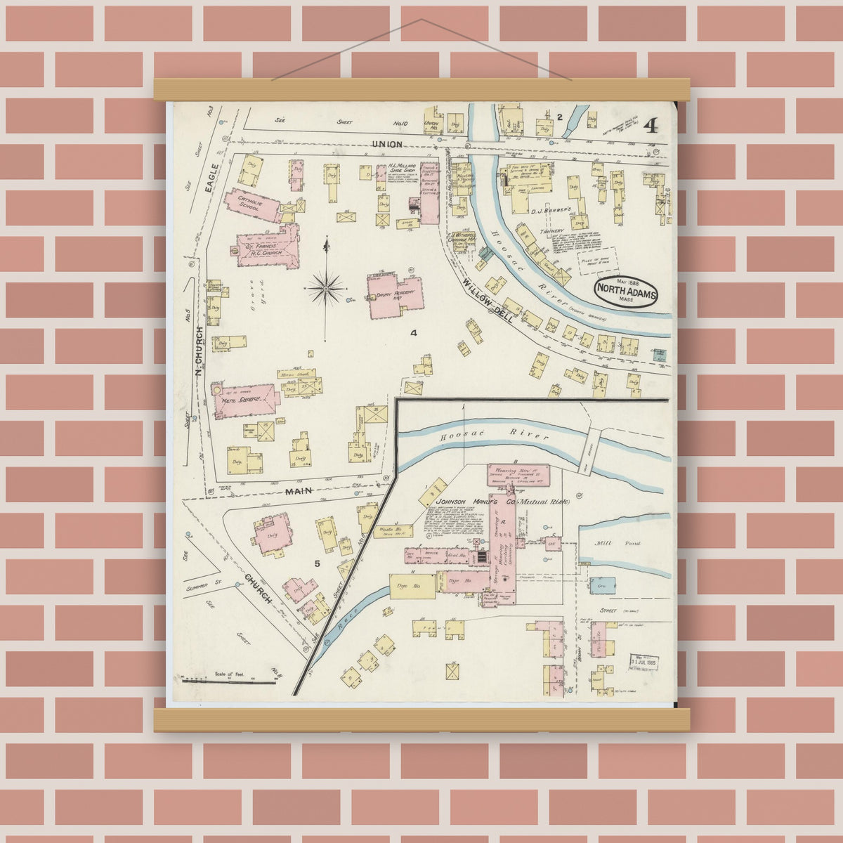 Old map wall art mockup — magnetic wood frame on brick wall — Sanborn Fire Insurance Map from North Adams, Berkshire County, Massachusetts (1888), Sheet #0004