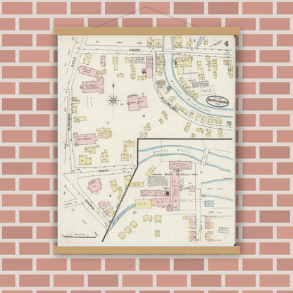 Old map wall art mockup — magnetic wood frame on brick wall — Sanborn Fire Insurance Map from North Adams, Berkshire County, Massachusetts (1888), Sheet #0004