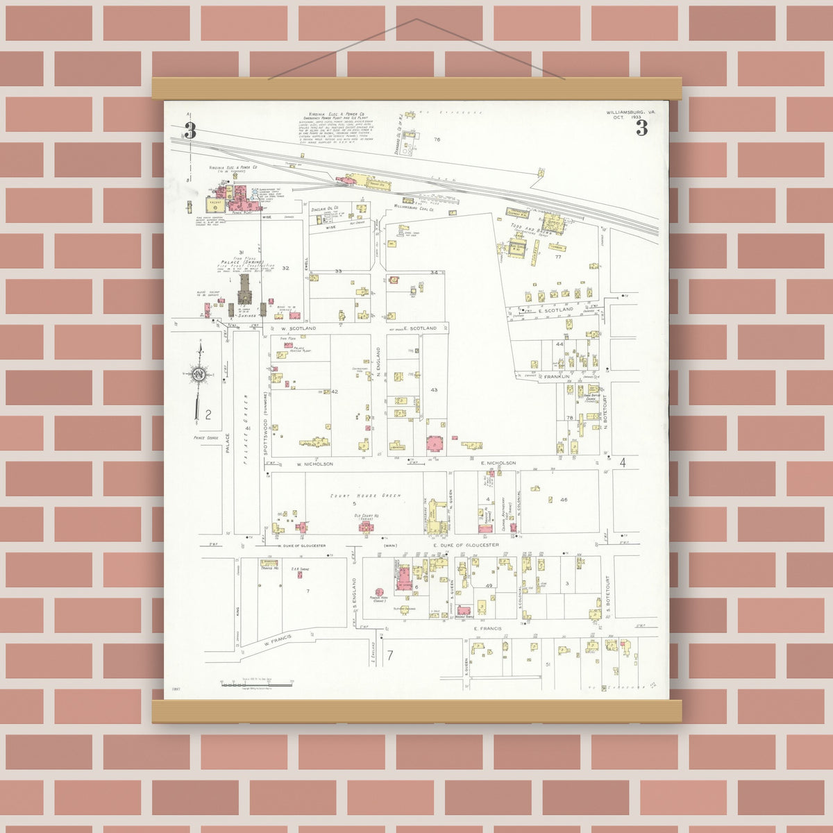 Old map wall art mockup — magnetic wood frame on brick wall — Sanborn Fire Insurance Map from Williamsburg, Independent Cities, Virginia (1933), Sheet #0003