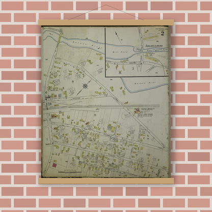 Old map wall art mockup — magnetic wood frame on brick wall — Sanborn Fire Insurance Map from East Pepperell, Middlesex County, Massachusetts (1953), Sheet #0002