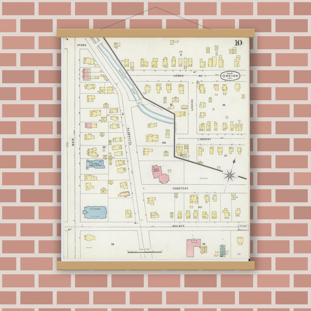 Old map wall art mockup — magnetic wood frame on brick wall — Sanborn Fire Insurance Map from Oneida, Madison County, New York (1895), Sheet #0010