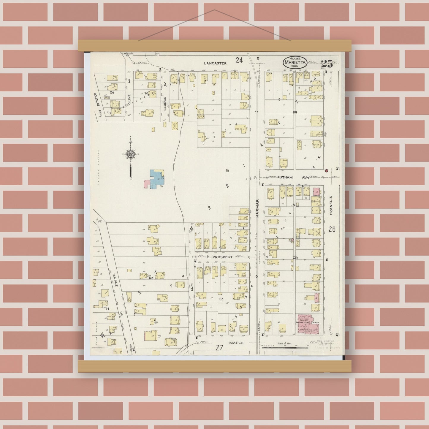 Old map wall art mockup — magnetic wood frame on brick wall — Sanborn Fire Insurance Map from Marietta, Washington County, Ohio (1915), Sheet #0025