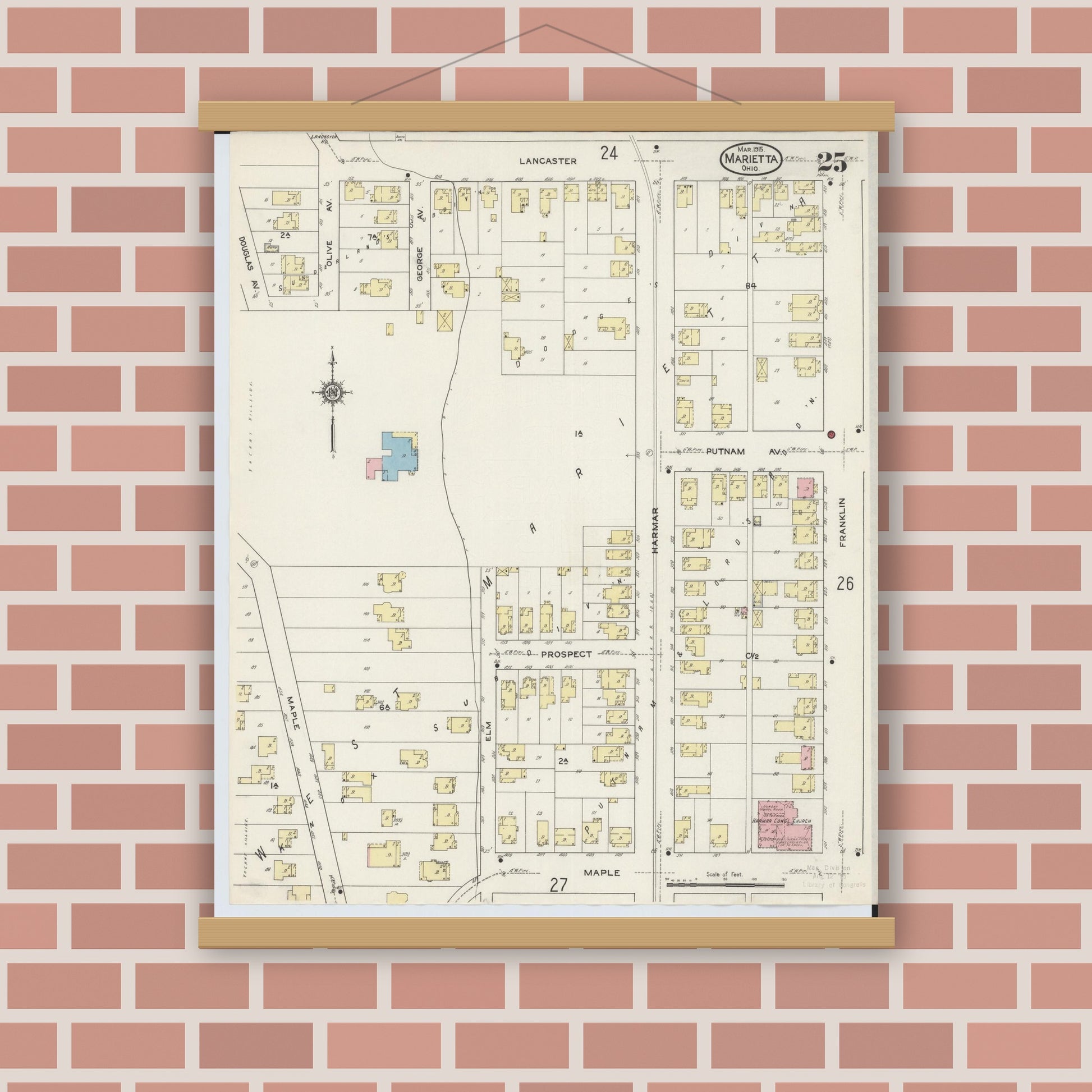 Old map wall art mockup — magnetic wood frame on brick wall — Sanborn Fire Insurance Map from Marietta, Washington County, Ohio (1915), Sheet #0025
