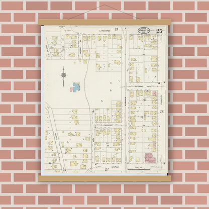 Old map wall art mockup — magnetic wood frame on brick wall — Sanborn Fire Insurance Map from Marietta, Washington County, Ohio (1915), Sheet #0025