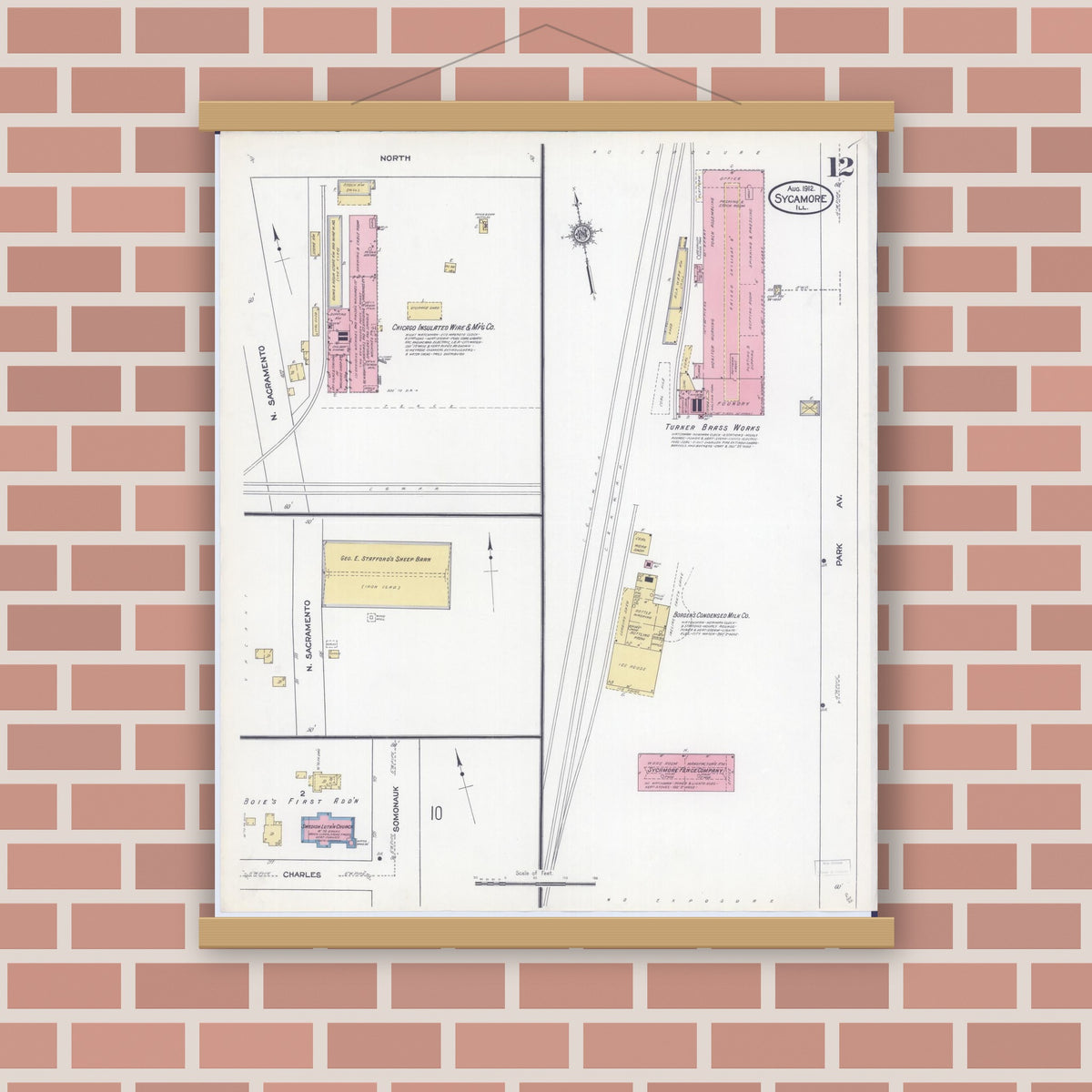 Old map wall art mockup — magnetic wood frame on brick wall — Sanborn Fire Insurance Map from Sycamore, De Kalb County, Illinois (1912), Sheet #0012